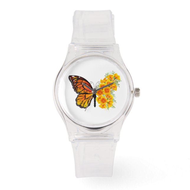 Blume Butterfly mit gelbem Kalifornien-Mohn Armbanduhr (Vorderseite)
