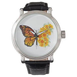 Blume Butterfly mit gelbem Kalifornien-Mohn Armbanduhr