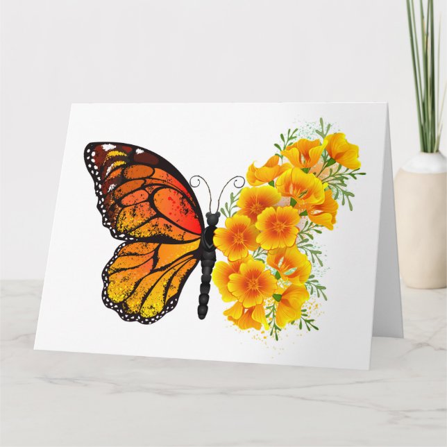 Blume Butterfly mit gelbem Kalifornien-Mohn Dankeskarte (Vorderseite)