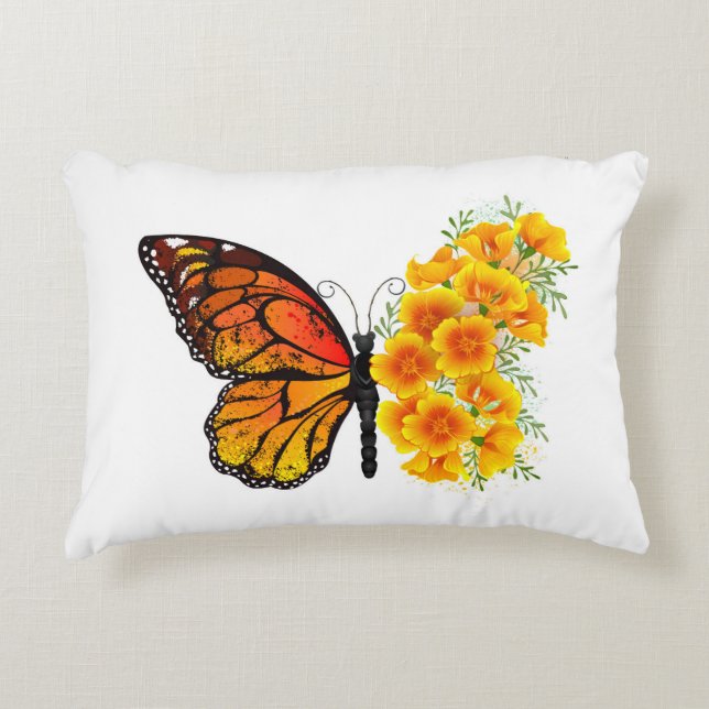 Blume Butterfly mit gelbem Kalifornien-Mohn Dekokissen (Vorderseite)