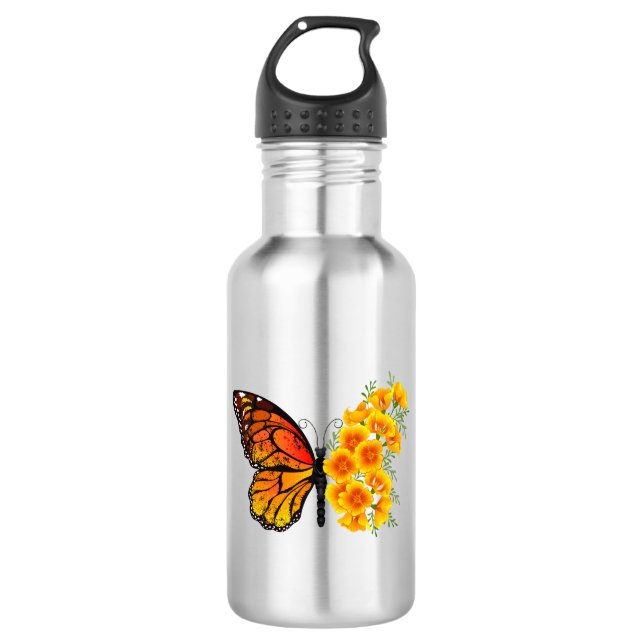 Blume Butterfly mit gelbem Kalifornien-Mohn Edelstahlflasche (Vorderseite)