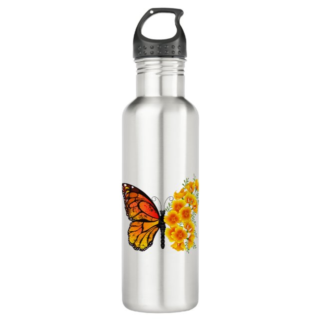 Blume Butterfly mit gelbem Kalifornien-Mohn Edelstahlflasche (Vorderseite)
