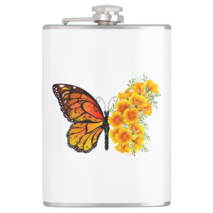 Blume Butterfly mit gelbem Kalifornien-Mohn Flachmann