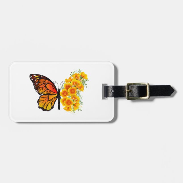 Blume Butterfly mit gelbem Kalifornien-Mohn Gepäckanhänger (Vorderseite horizontal)