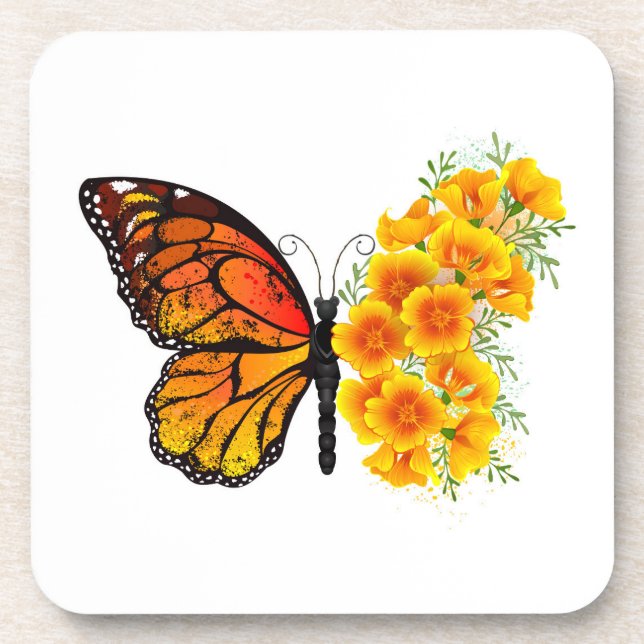 Blume Butterfly mit gelbem Kalifornien-Mohn Getränkeuntersetzer (Vorderseite)