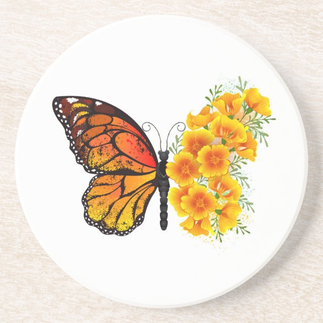 Blume Butterfly mit gelbem Kalifornien-Mohn Getränkeuntersetzer (Vorne)