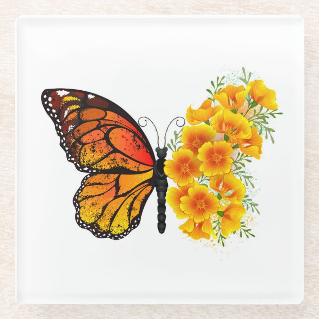 Blume Butterfly mit gelbem Kalifornien-Mohn Glasuntersetzer (Vorderseite)
