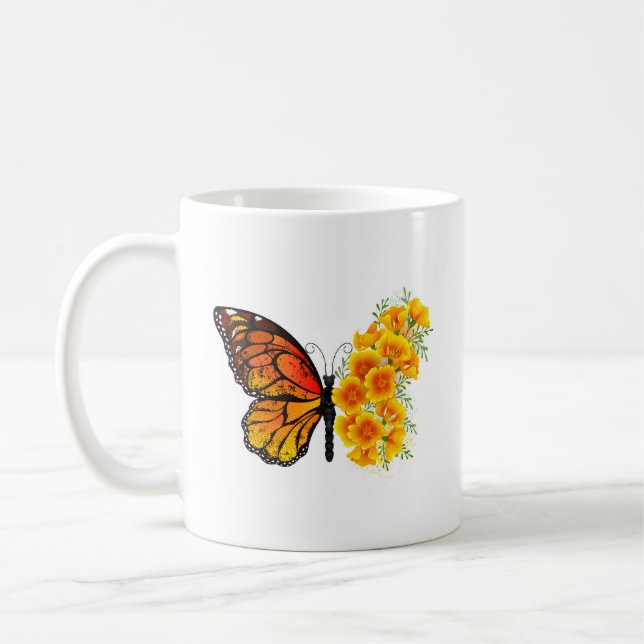 Blume Butterfly mit gelbem Kalifornien-Mohn Kaffeetasse (Links)