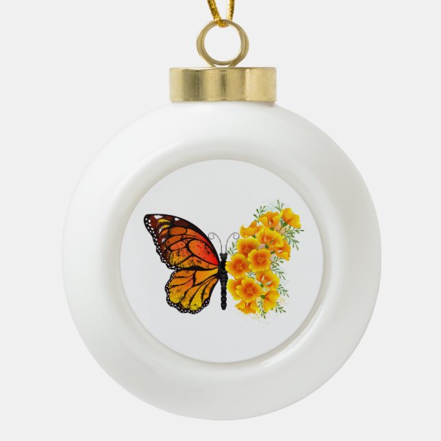 Blume Butterfly mit gelbem Kalifornien-Mohn Keramik Kugel-Ornament (Vorderseite)