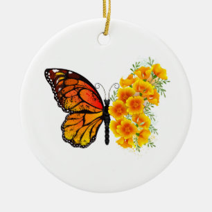 Blume Butterfly mit gelbem Kalifornien-Mohn Keramik Ornament
