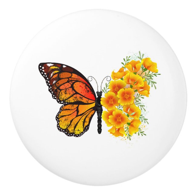 Blume Butterfly mit gelbem Kalifornien-Mohn Keramikknauf (Vorderseite)
