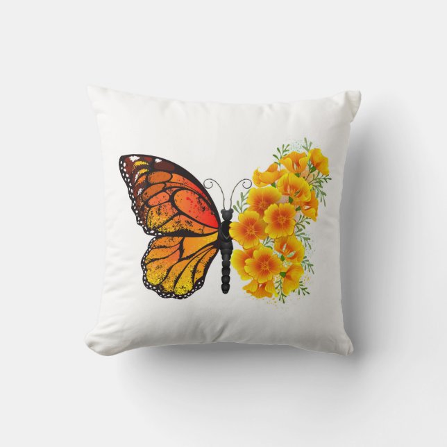 Blume Butterfly mit gelbem Kalifornien-Mohn Kissen (Vorderseite)