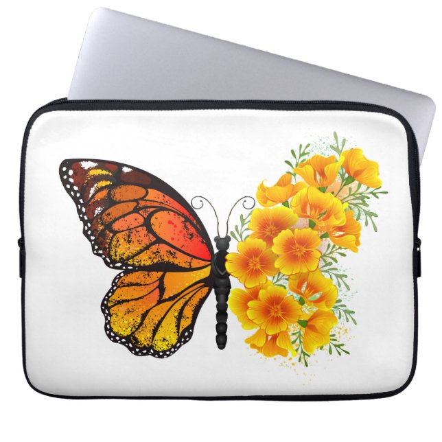 Blume Butterfly mit gelbem Kalifornien-Mohn Laptopschutzhülle (Vorderseite)