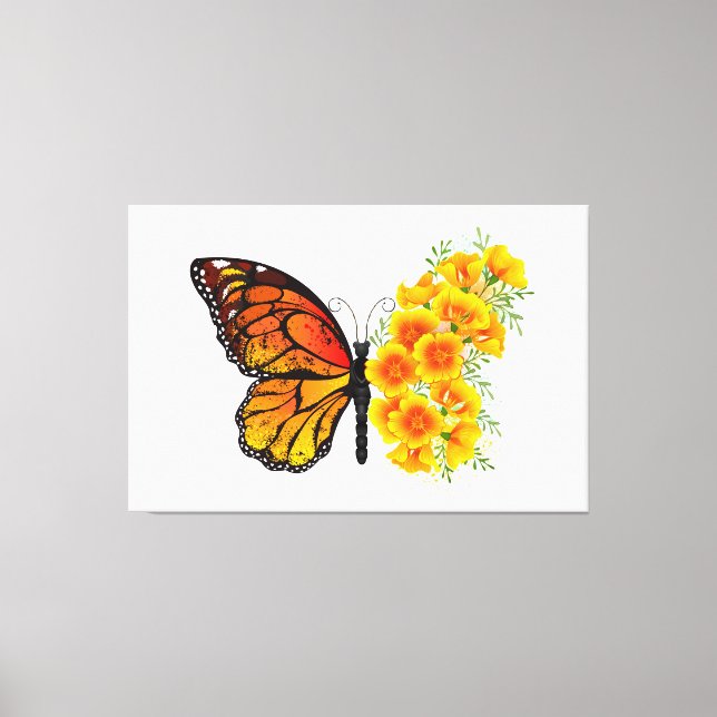 Blume Butterfly mit gelbem Kalifornien-Mohn Leinwanddruck (Vorderseite)