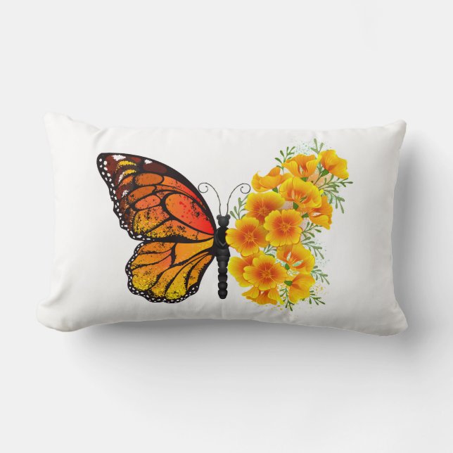 Blume Butterfly mit gelbem Kalifornien-Mohn Lendenkissen (Vorderseite)