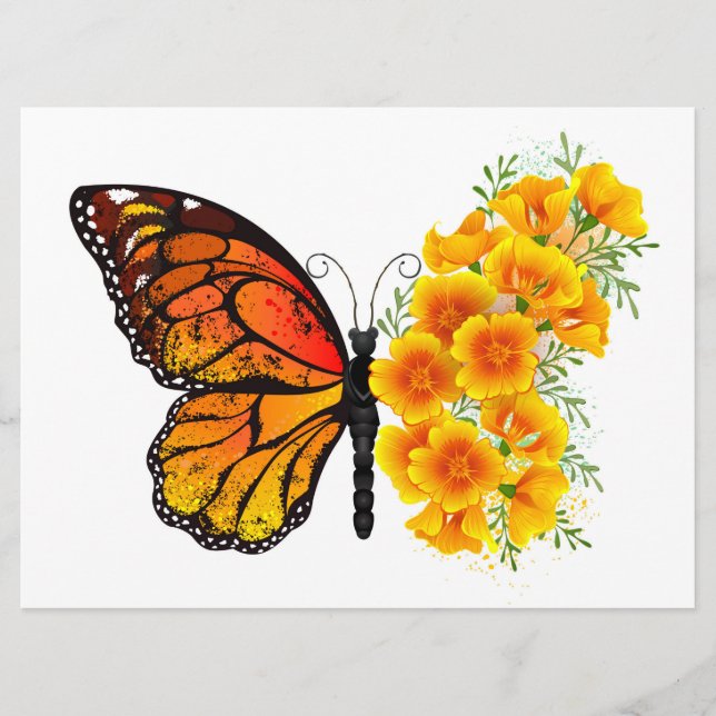 Blume Butterfly mit gelbem Kalifornien-Mohn Menükarte (Vorderseite)