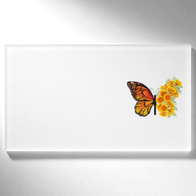 Blume Butterfly mit gelbem Kalifornien-Mohn Namenschild (Vorderseite)