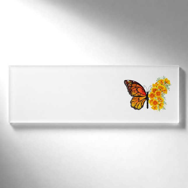 Blume Butterfly mit gelbem Kalifornien-Mohn Namenschild (Vorderseite)