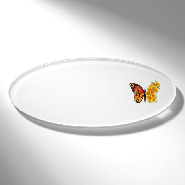 Blume Butterfly mit gelbem Kalifornien-Mohn Namenschild (Vorderseite)