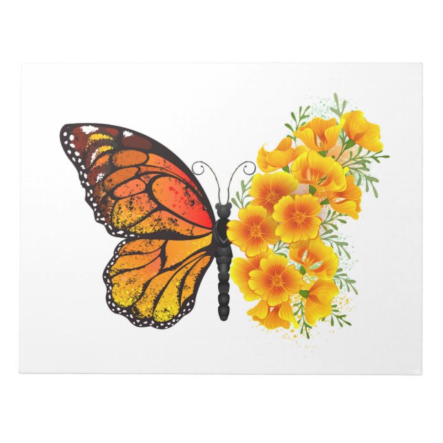 Blume Butterfly mit gelbem Kalifornien-Mohn Notizblock (Vorderseite)