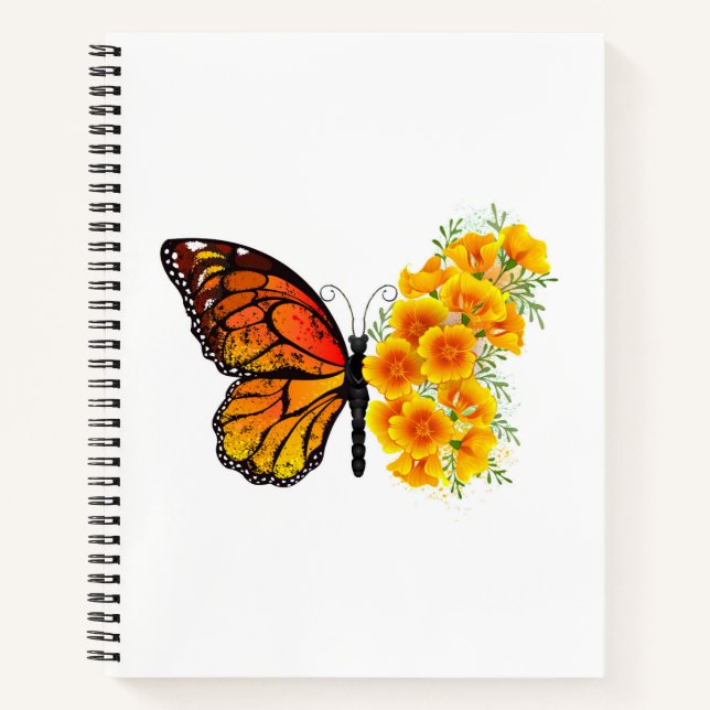 Blume Butterfly mit gelbem Kalifornien-Mohn Notizbuch (Vorderseite)
