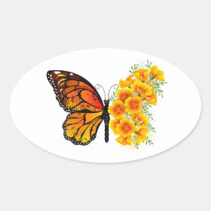 Blume Butterfly mit gelbem Kalifornien-Mohn Ovaler Aufkleber