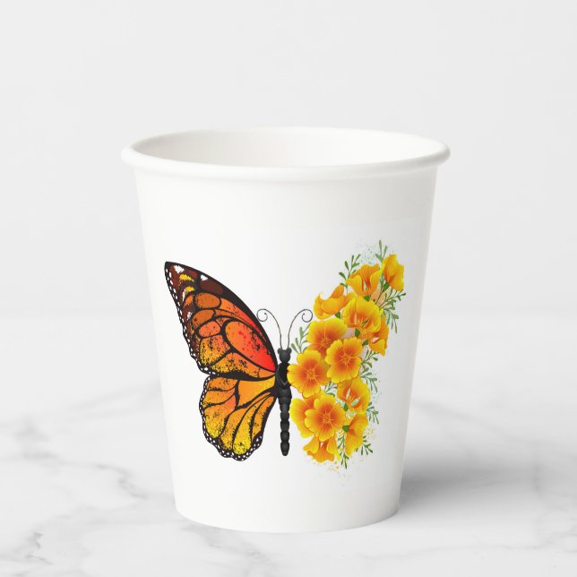 Blume Butterfly mit gelbem Kalifornien-Mohn Pappbecher (Vorderseite)