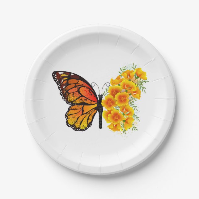 Blume Butterfly mit gelbem Kalifornien-Mohn Pappteller (Vorderseite)