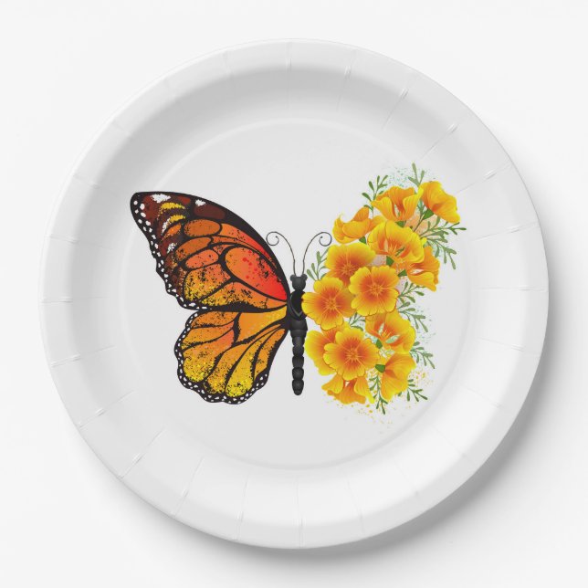 Blume Butterfly mit gelbem Kalifornien-Mohn Pappteller (Vorderseite)