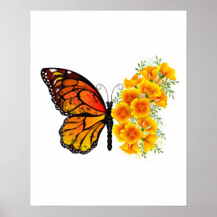 Blume Butterfly mit gelbem Kalifornien-Mohn Poster