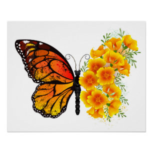 Blume Butterfly mit gelbem Kalifornien-Mohn Poster