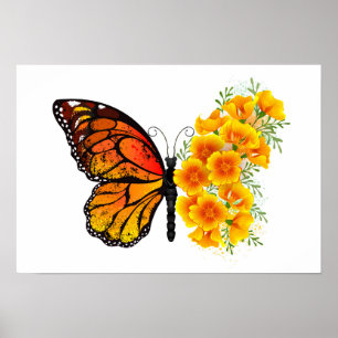Blume Butterfly mit gelbem Kalifornien-Mohn Poster