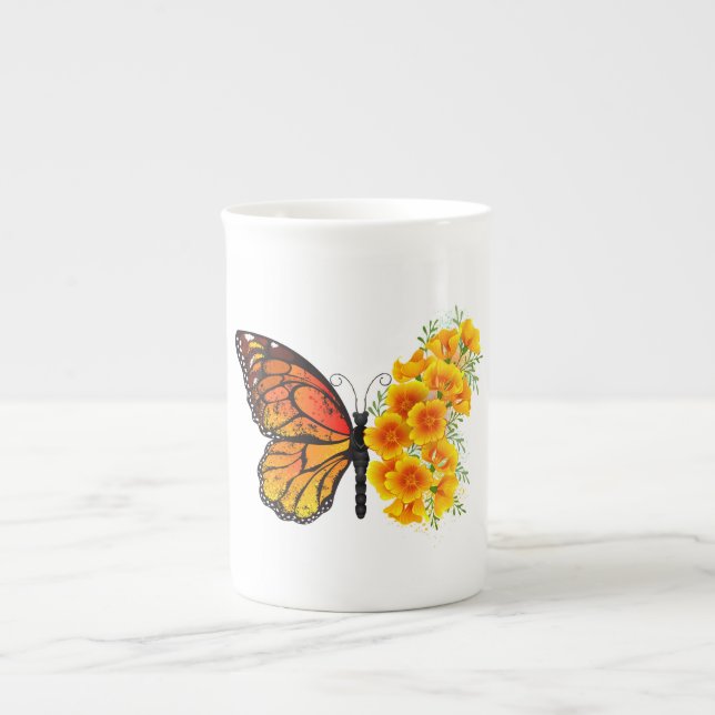 Blume Butterfly mit gelbem Kalifornien-Mohn Prozellantasse (Vorderseite)