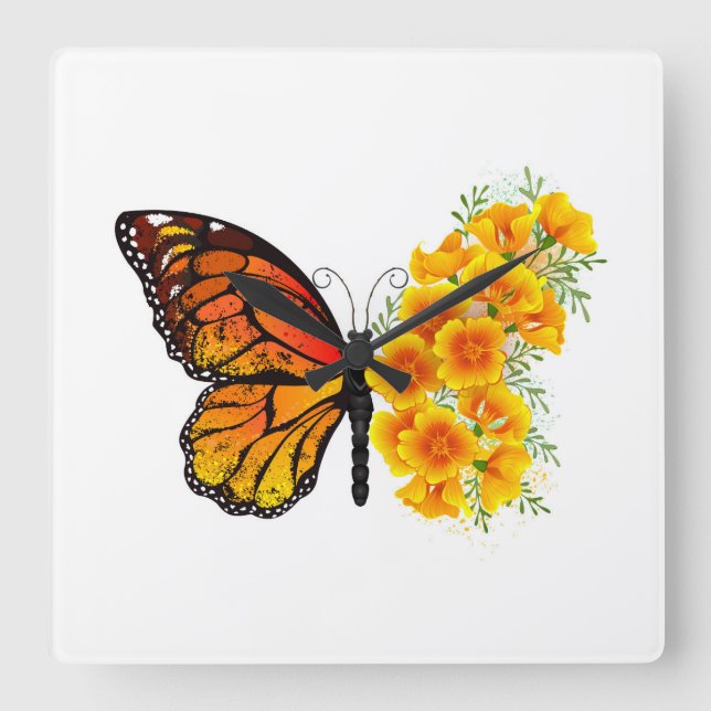 Blume Butterfly mit gelbem Kalifornien-Mohn Quadratische Wanduhr (Vorderseite)