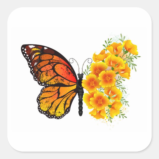 Blume Butterfly mit gelbem Kalifornien-Mohn Quadratischer Aufkleber (Vorderseite)
