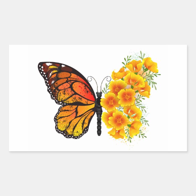 Blume Butterfly mit gelbem Kalifornien-Mohn Rechteckiger Aufkleber (Vorderseite)