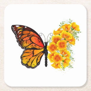 Blume Butterfly mit gelbem Kalifornien-Mohn Rechteckiger Pappuntersetzer