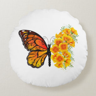 Blume Butterfly mit gelbem Kalifornien-Mohn Rundes Kissen