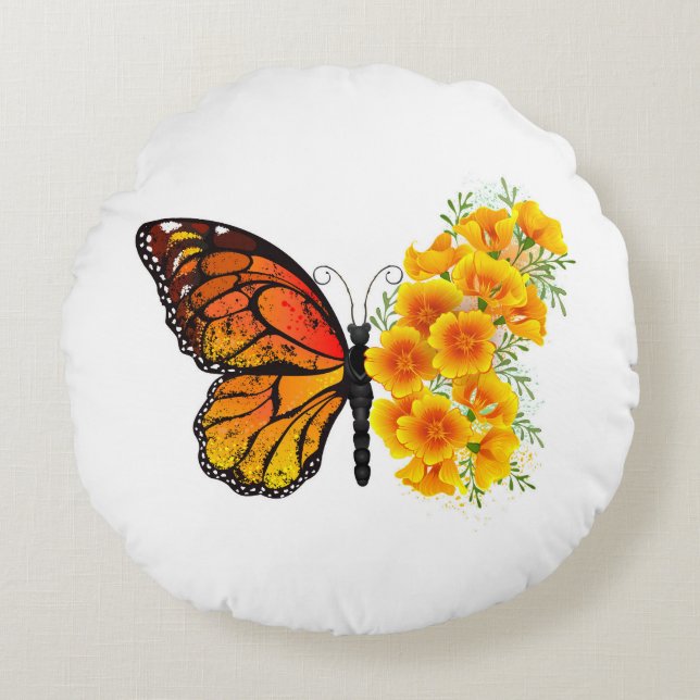 Blume Butterfly mit gelbem Kalifornien-Mohn Rundes Kissen (Vorderseite)