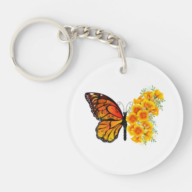 Blume Butterfly mit gelbem Kalifornien-Mohn Schlüsselanhänger (Vorderseite)