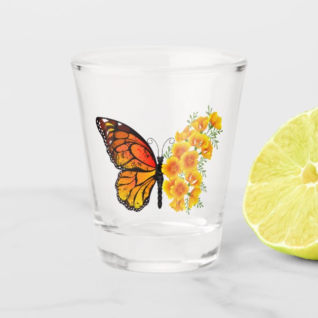 Blume Butterfly mit gelbem Kalifornien-Mohn Schnapsglas (Vorderseite)