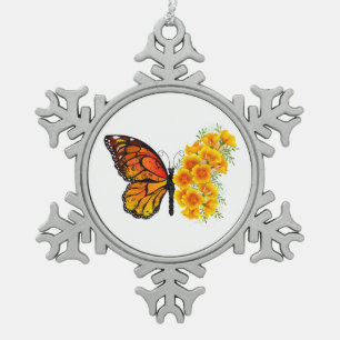 Blume Butterfly mit gelbem Kalifornien-Mohn Schneeflocken Zinn-Ornament