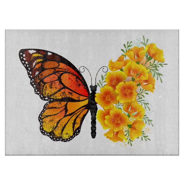 Blume Butterfly mit gelbem Kalifornien-Mohn Schneidebrett (Vorderseite)