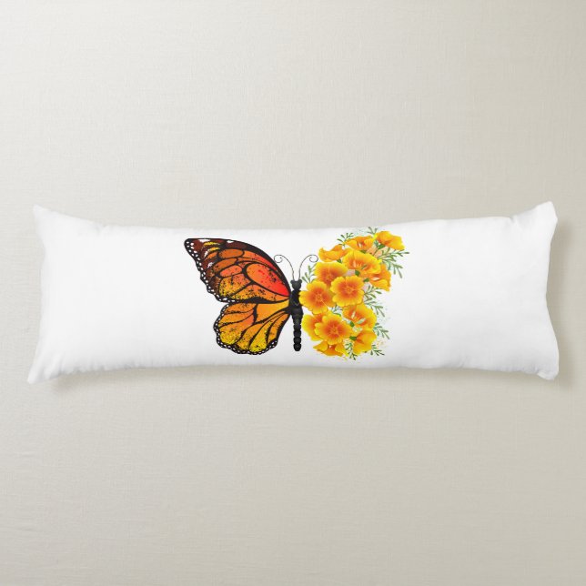 Blume Butterfly mit gelbem Kalifornien-Mohn Seitenschläferkissen (Vorderseite)