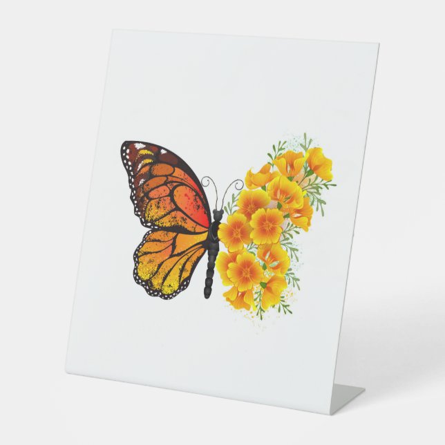 Blume Butterfly mit gelbem Kalifornien-Mohn Sockelschild (Vorderseite)