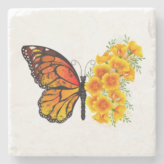 Blume Butterfly mit gelbem Kalifornien-Mohn Steinuntersetzer (Vorderseite)