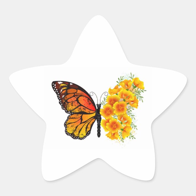 Blume Butterfly mit gelbem Kalifornien-Mohn Stern-Aufkleber (Vorderseite)