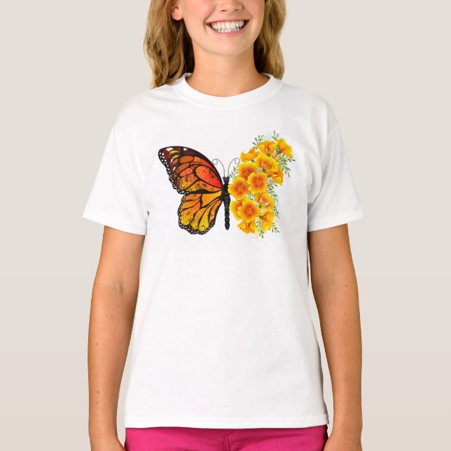 Blume Butterfly mit gelbem Kalifornien-Mohn T-Shirt (Vorderseite)