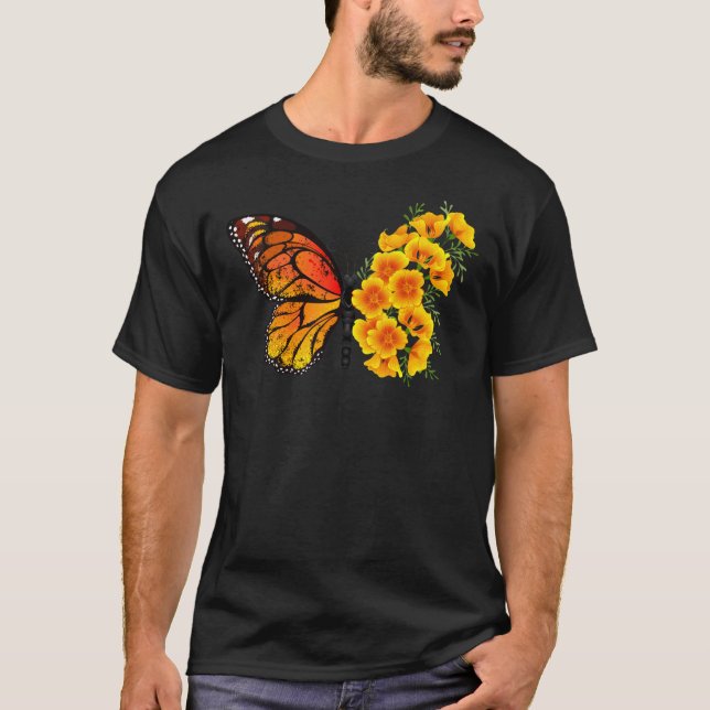 Blume Butterfly mit gelbem Kalifornien-Mohn T-Shirt (Vorderseite)