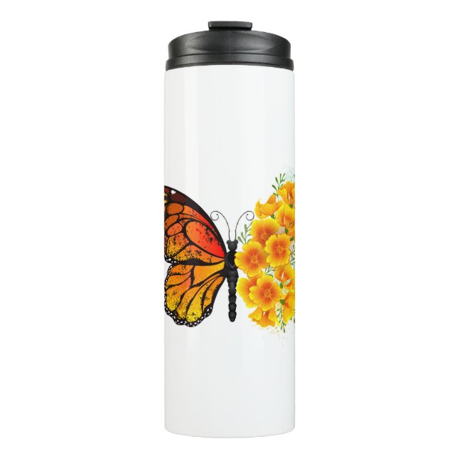Blume Butterfly mit gelbem Kalifornien-Mohn Thermosbecher (Vorderseite)